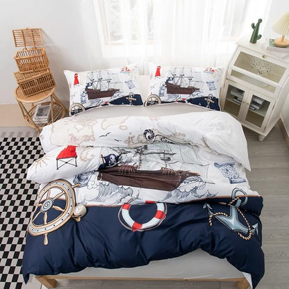CVHOUSE Nautical Bedding Set King Size,Nautical Sailboat Bed for Boys Teens,Ocean Themed Sailing Anchor Comforter Cover Soft,Anchor Duvet Quilt King 90'x102'