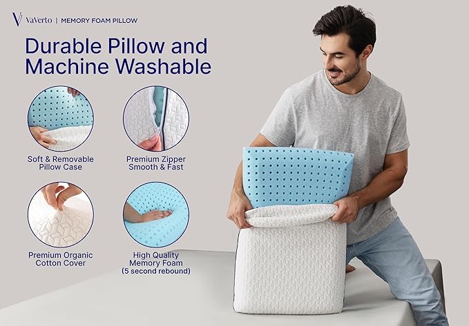 Cooling Gel Memory Foam Pillow - 1-Pack - Standard Size Bed Pillows For Sleeping - Medium-Firm - Back, Stomach and Side Sleeper Pillow - Shoulder & Back Pain Relief - Washable , Bamboo Viscose Cover