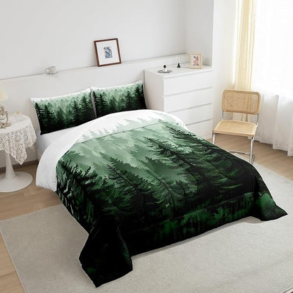 Feelyou Fog Forest Comforter Botanical Pine Trees Comforter Set for Boys Girls Watercolor Green Bedding Set Room Decor King Size Bedspread Cover 3Pcs Boys