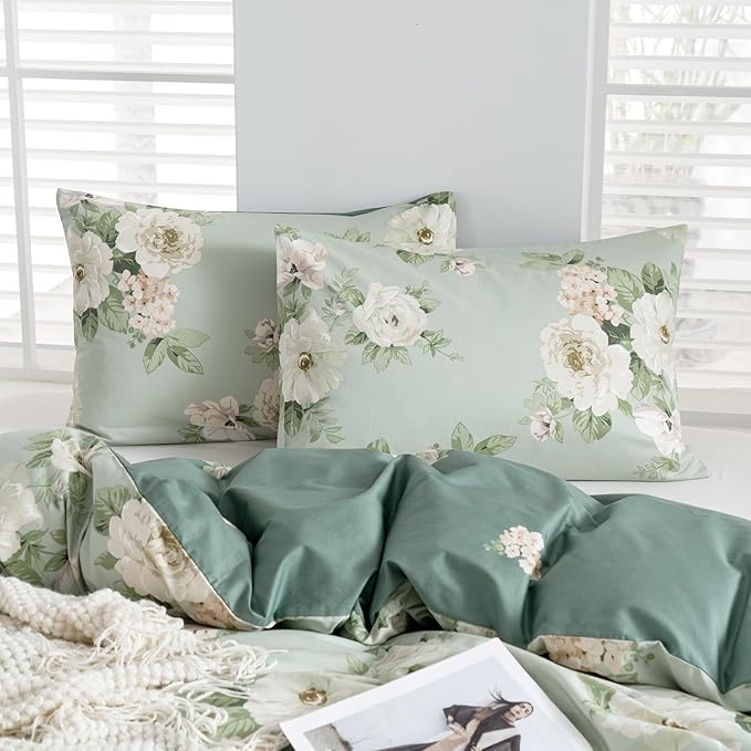 Floral Duvet Cover Queen 100% Soft Cotton 3 Pieces French Country Chic Garden Style Peony Flower Luxury Blossom Floral Vibrant Pattern Reversible Flower Duvet Cover Queen with Zipper Closure