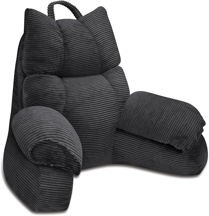 RRPAHWTV Reading Pillow for Bed with High Arm Rests,Back Support Pillow for Sitting Up in Bed with Shredded Memory Foam for Reading, TV, Gaming or Relaxing on Floor（Grey Black，Small）