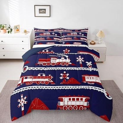 Erosebridal Train Comforter Set Cartoon Car Toddler Bedding, Traffic Transportation Track Comforter for Kids Teens Vintage Steam Engine Railway Decor Quilt Set Room King 3Pcs, Navy Blue Red White