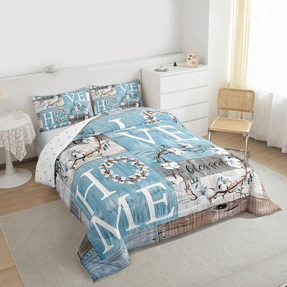 Rustic Farmhouse Comforter Set Queen Size Blue White Patchwork Wooden Board Quilt Set Cotton Flowers Bedding Set for Kids Women Youth Family Home Decor Botanical Floral Duvet Insert 3pcs