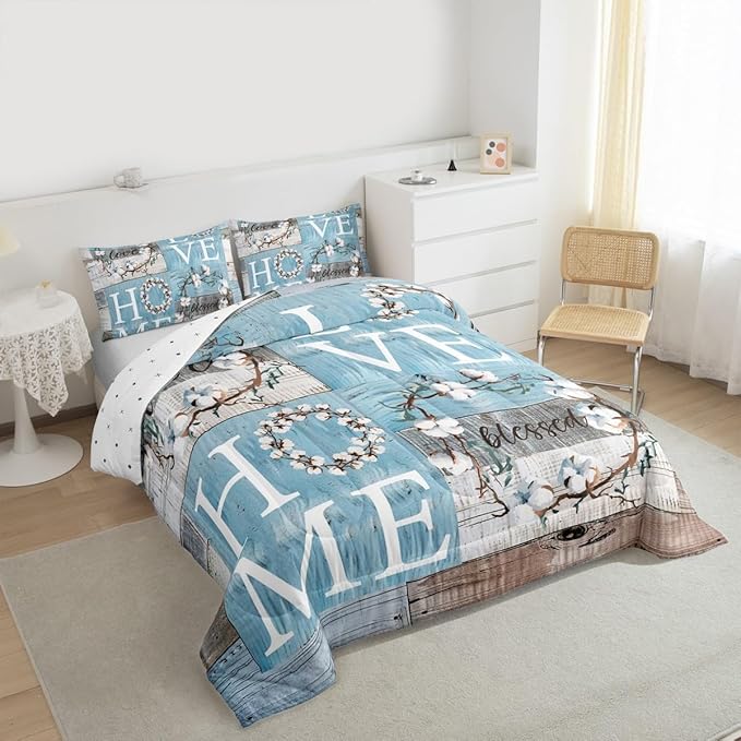 Rustic Farmhouse Comforter Set Twin Size Blue White Patchwork Wooden Board Bedding Set Cotton Flowers Quilt Set for Kids Women Youth Family Home Decor Botanical Floral Duvet Insert 2pcs