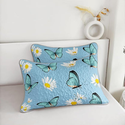 QOOMO Butterfly Quilt Set Twin Size,Daisy Bedspread Coverlet Set,Butterflies 3Pcs Bedding Set Printed Quilt with 2 Pillowcases,Soft and Lightweight,for All Seasons