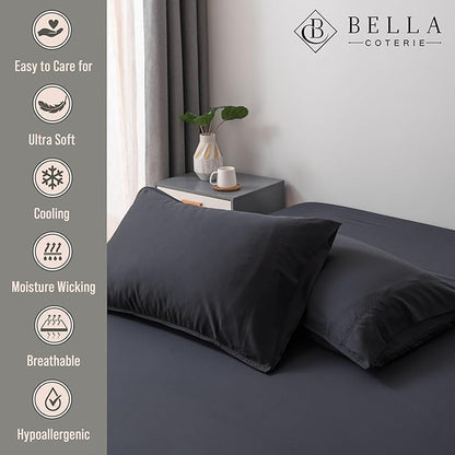 Bella Coterie | Luxury Bamboo Viscose King Size Pillowcase Set | 100% Organically Grown | Ultra Soft | Cooling | 2 Pcs [Black]