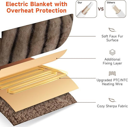 Heated Blanket Electric Queen- 84"x90" Soft Thick Faux Fur Electric Blanket for Sofa with 5 Heat Levels & 10 Hours Auto-Off Overheat Protection, Warm Cozy Gifts, Brown
