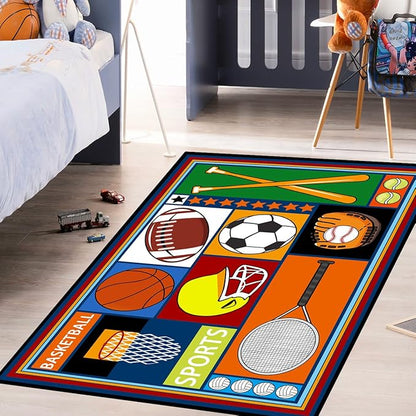 Sports Rugs for Boys Bedroom - Football & Soccer, Baseball, Basketball Rug for Boys Bedroom Decor Kids Carpet Soccer Carpet for Living Room Playroom Floor Mat Home Decor, 2x3 Feet