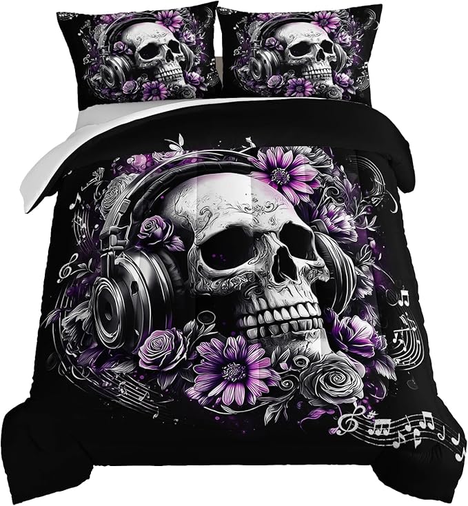 HOSIMA Death Skull Comforter Set King Size,Skull Wearing Headphones Decorated with Flowers,Melody Note Pattern Horror Themed Gothic Bedding Set for Teens Boys Room Decor with 2 Pillowcases.