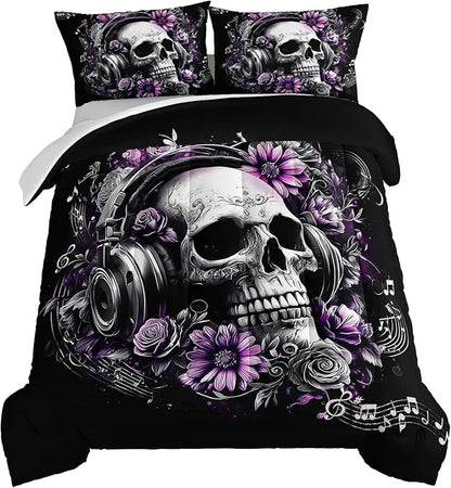 HOSIMA Death Skull Comforter Set King Size,Skull Wearing Headphones Decorated with Flowers,Melody Note Pattern Horror Themed Gothic Bedding Set for Teens Boys Room Decor with 2 Pillowcases.