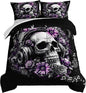 HOSIMA Death Skull Comforter Set Twin Size,Skull Wearing Headphones Decorated with Flowers,Melody Note Pattern Horror Themed Gothic Bedding Set for Teens Boys Room Decor with 2 Pillowcases.