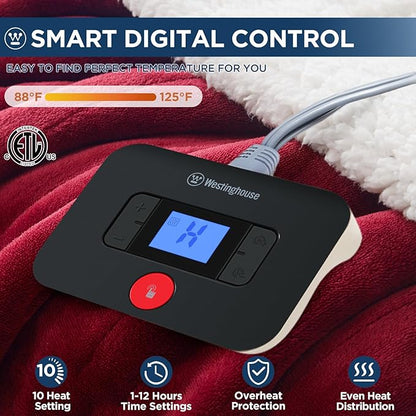 Westinghouse Electric Blanket Twin, Heated Blanket Twin Size with 10 Heating Levels and 1 to 12 Hours Heating Time Settings, Flannel to Sherpa Reversible, Machine Washable (62" x 84", Red)