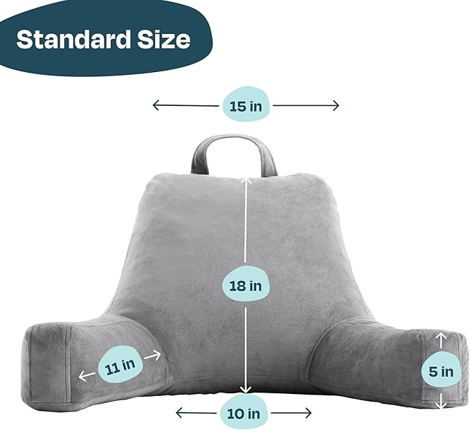 LINENSPA Reading Pillow with Shredded Memory Foam- Back Pillow for Sitting in Bed, Reading, Gaming, Watching TV – Chair Pillow with Arms, Dorm Room Essentials, Stone