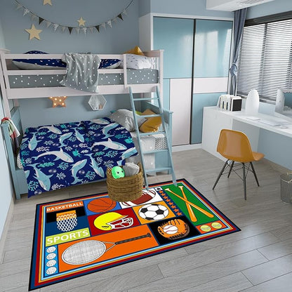 Sports Rugs for Boys Bedroom - Football & Soccer, Baseball, Basketball Rug for Boys Bedroom Decor Kids Carpet Soccer Carpet for Living Room Playroom Floor Mat Home Decor, 2.5x4 Feet
