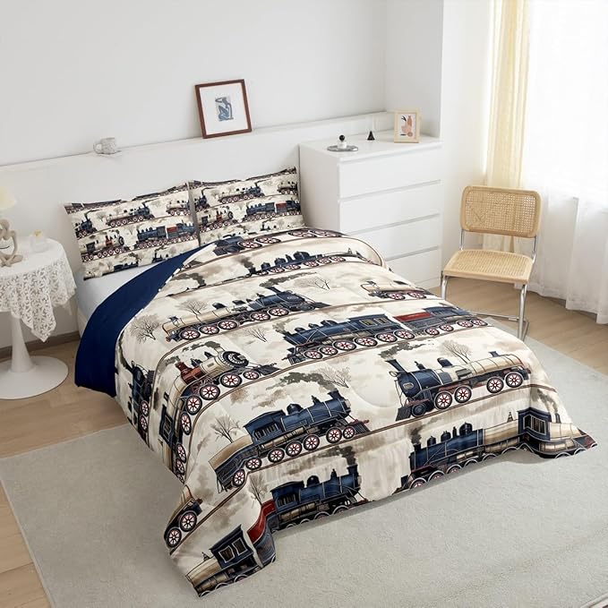 Erosebridal Kids Vintage Steam Train Bedding Sets for Car Lovers, Boys Retro Classic Steam Engine Vehicles Comforter Timeless Railroad Locomotive Duvet Set with 2 Pillow Cases (King 3Pcs)