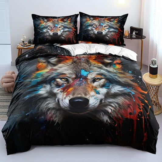 Cartoon Wolf Bed Sheet Full Size With 2 Pillow Cases Standard Size, Fitted Flat Sheet for Kids Boys Teens Adult Bedroom Decor, Animal Floral Petal Country Bedding Decor