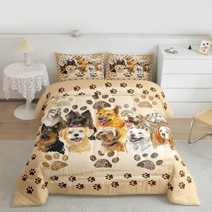 Castle Fairy Puppy Dogs Comforter Set Twin Size,Funny Cute Pet Dog Paw Print Bedding Set for Kids Boys Men,Vintage Watercolor Dogs Animal Quilted Duvet Set with 1 Pillowcase