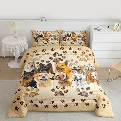 Castle Fairy Puppy Dogs Comforter Set Queen Size,Funny Cute Pet Dog Paw Print Bedding Set for Women Adult,Vintage Watercolor Dogs Animal Luxury Bed Duvet Insert, 2 Pillowcases