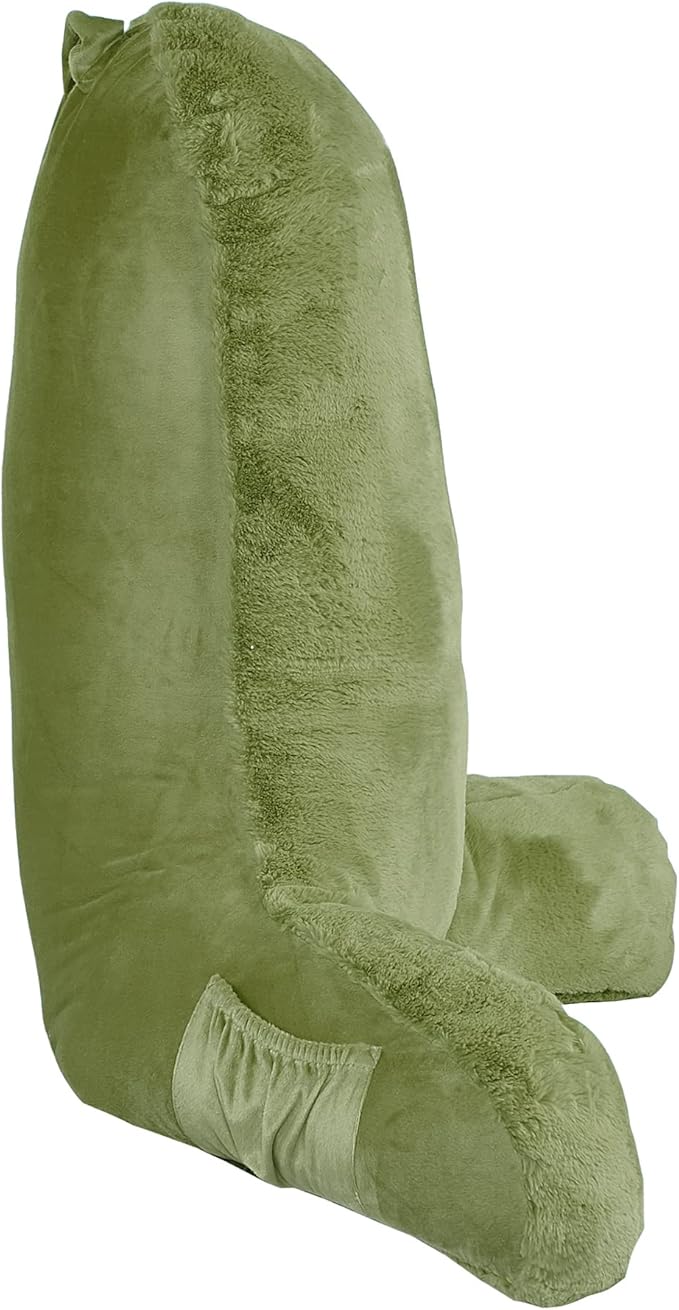 Faux Fur Assembly Need DIY Extra Large Backrest Reading Bed Rest Pillow with Arms and Pockets for Sitting in Bed Couch Sofa, Removable Cover & Filling Seprated, 28" x 30" x17", Moss Green