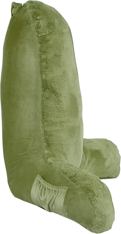 Faux Fur Assembly Need DIY Extra Large Backrest Reading Bed Rest Pillow with Arms and Pockets for Sitting in Bed Couch Sofa, Removable Cover & Filling Seprated, 28" x 30" x17", Moss Green