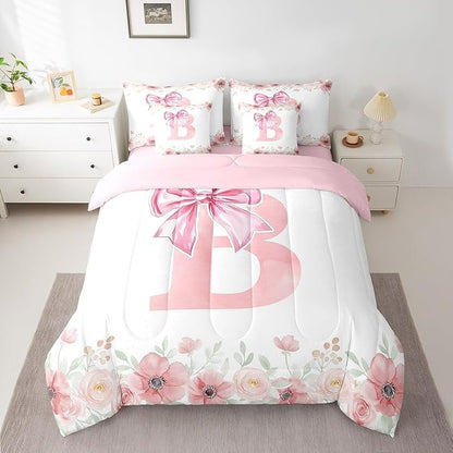Erosebridal Pink Bow Tie Bowknot Bed in A Bag, Initial Letter B Bedding Sets, Spring Fresh Comforter Set with Sheets for Kids Girls Romantic Spring Flower Floral Bed Set Bedroom Decor Queen Size