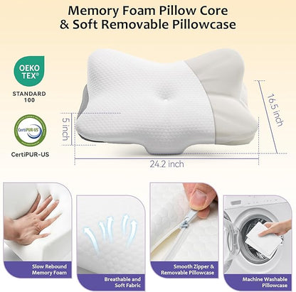 Memory Foam Pillows, Cervical Pillow for Neck and Shoulder Pain Relief, Ergonomic Contour Bed Pillow, Soft for Side Sleep Stomach Sleeping and Back Sleeper (White)