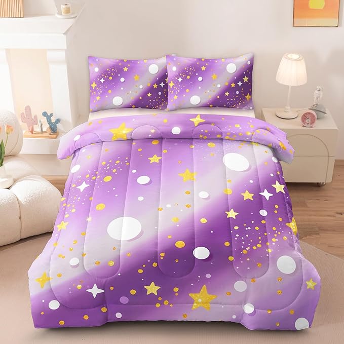 3 Pcs Twin Bedding Sets for Girls, Purple Glitter Rainbow Twin Size Bed Set, Stars Galaxy Bedding Comforter Set for Girls