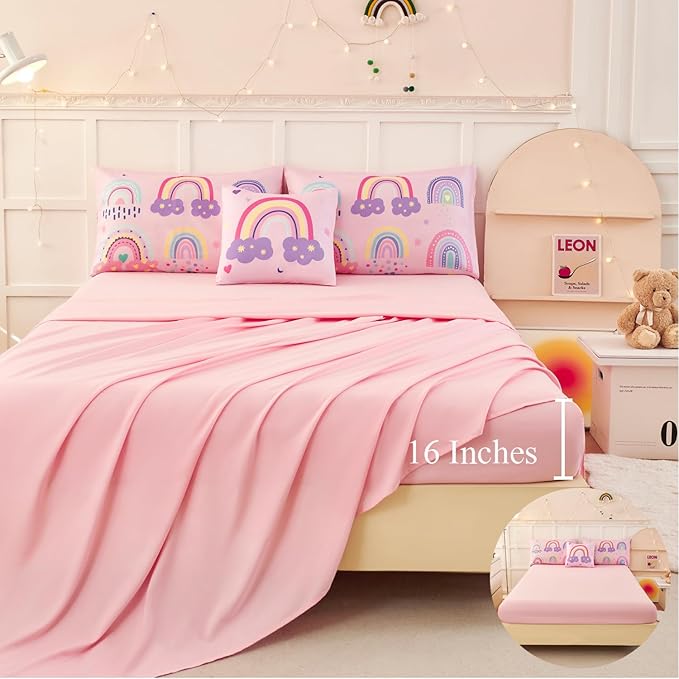 ANGIYUIN 6Pcs Girls Rainbow Comforter Set Queen Size Cute Clouds Kids Bedding Set Love Hearts and Stars Kid Bed Set for Girl Soft Lightweight Bed in A Bag with Sheets, Pink, Queen