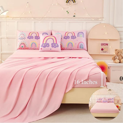 ANGIYUIN 6Pcs Girls Rainbow Comforter Set Queen Size Cute Clouds Kids Bedding Set Love Hearts and Stars Kid Bed Set for Girl Soft Lightweight Bed in A Bag with Sheets, Pink, Queen