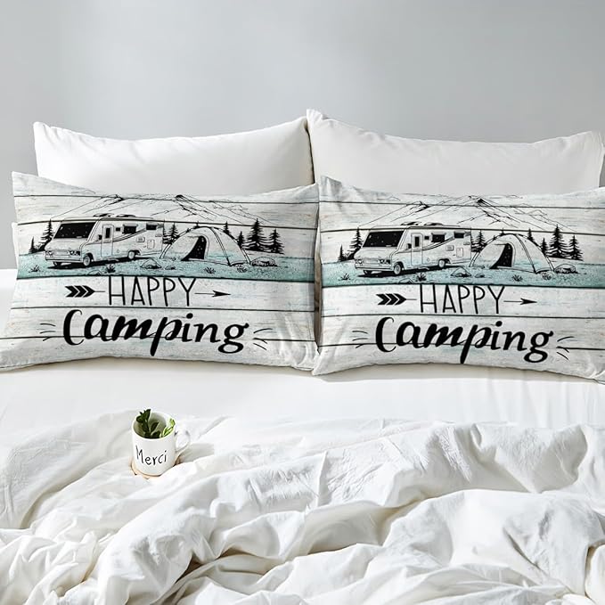 RV Happy Camping Duvet Cover Set King Size,Natural Mountain Pine Tree Comforter Cover with 2 Pillowcases Bedspread,Farmhouse Rustic Camper Microfiber Quilt Cover for Adult Women,3pcs