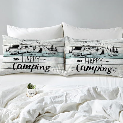 Castle Fairy RV Happy Camping Duvet Cover Queen for Children,Natural Mountain Pine Tree Bedding Set Room Decor Gift Comforter Cover,Farmhouse Rustic Camper Quilt Cover with 2 Pillowcases, 3pcs Soft