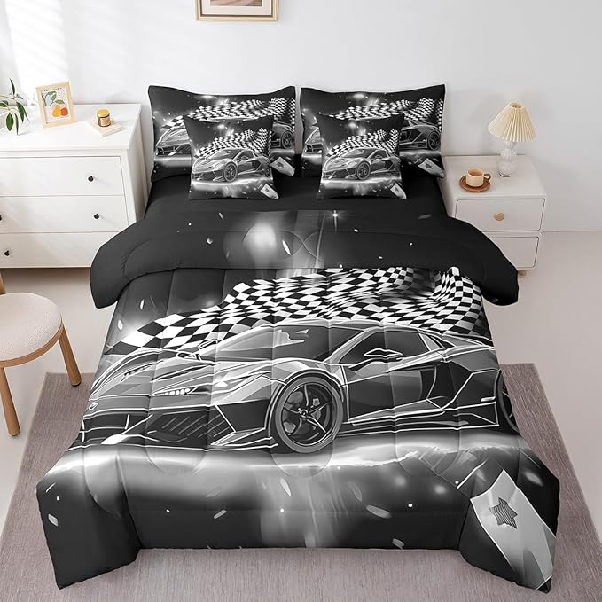Feelyou Grey Racing Car 7 Piece Bedding Set Queen Size Extreme Sport Comforter Set with Sheets for Kids Boys Girls Teens Toddler Fast and Furious Bed in a Bag Black White Flag Bed Set