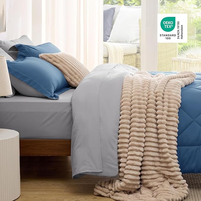 Bedsure Full Size Comforter Set - 7 Pieces Reversible Slate Blue Bedding, Full Size Bed Set for All Seasons, Bed in a Bag with Down Alternative Comforter, Sheets, Pillowcases & Shams