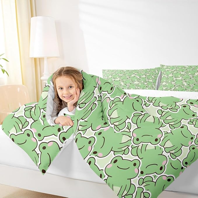 Cute Frog Comforter Set Queen,Cartoon Animals Bedding Set 3pcs for Kids Teens Boys Girls Room Decor,Summer Natural Quilt Set Green Watercolor Duvet Insert with 2 Pillowcases
