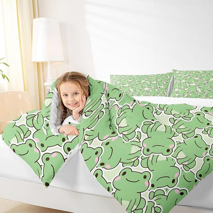 Cute Frog Comforter Set Queen,Cartoon Animals Bedding Set 3pcs for Kids Teens Boys Girls Room Decor,Summer Natural Quilt Set Green Watercolor Duvet Insert with 2 Pillowcases