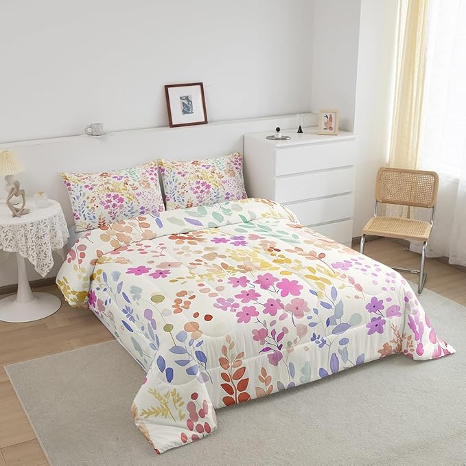 Erosebridal Cute Pink Floral King Comforter Set for Girls Women Kids,Watercolor Wild Flower Bedding Set Boho Bedroom Decor,Rustic Country Flowers Quilt Bed Set Wildflower Bed Comforter Set 3Pcs
