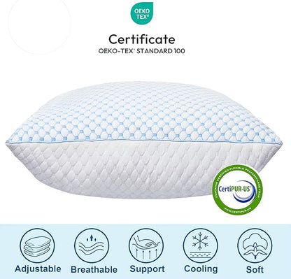 XWZO Cooling Pillow for Sleeping Queen Size Set of 1, Shredded Memory Foam Pillows Adjustable Gel Bed Pillows for Side Back Stomach Sleepers with Washable Removable Cover