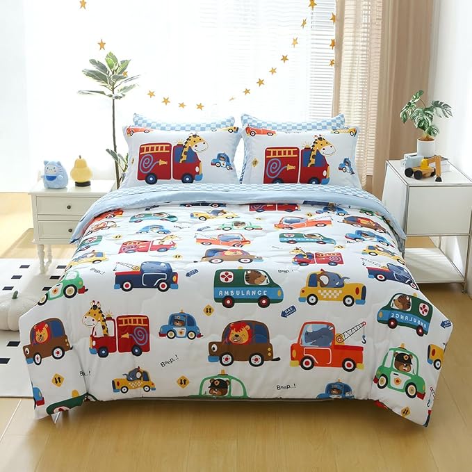 Kids Cars Animal Comforter Set Full Size for Boys Girls Teens 7 Piece Cartoon Construction Fire Truck Excavator Police Ambulance Lion Cat Dog Elephant Bedding Set Bed in A Bag,Colourful
