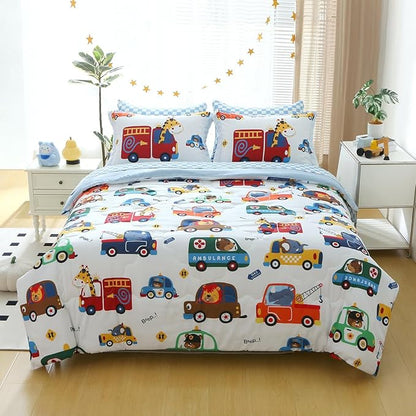 Kids Cars Animal Comforter Set Full Size for Boys Girls Teens 7 Piece Cartoon Construction Fire Truck Excavator Police Ambulance Lion Cat Dog Elephant Bedding Set Bed in A Bag,Colourful