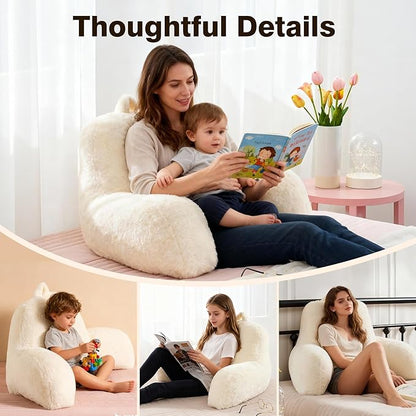 Faux Fur Reading Pillow for Bed/Couch/Floor/Dorm, Great Cozy Back Pillow for Bed Sitting Up, Fluffy Fur Bed Pillow for Sitting Up for Adults/Teens/Kids, Upgrade Back Support Pillow, Ivory