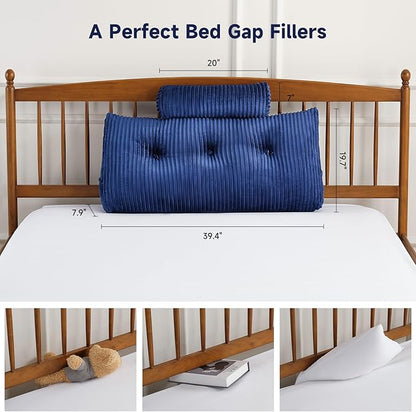 Z-hom Large Wedge Pillow Headboard, Twin Triangular Headboard Pillow, Reading Pillow Standard Bed with a Roll Pillow for Bed Sitting Up Sleeping, Backrest Cushion Headboard Gap Pillow for Back, Blue