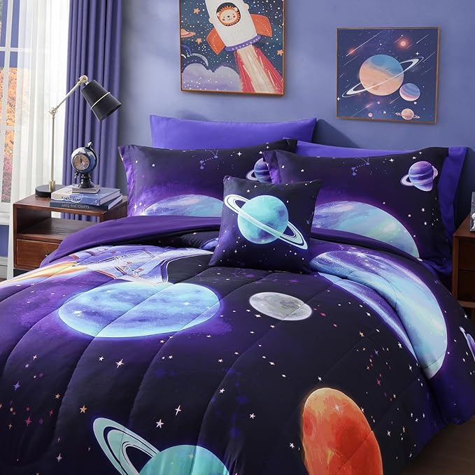Kids Comforter Set Full Size for Boys, Rocket Bedding Sets, 4 Pieces Bed in A Bag with 1 Comforter, 1 Decor Pillow, 2 Pillow Shams