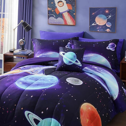 Kids Comforter Set Twin Size for Boys, Rocket Bedding Sets, 3 Pieces Bed in A Bag with 1 Comforter, 1 Decor Pillow, 1 Pillow Sham