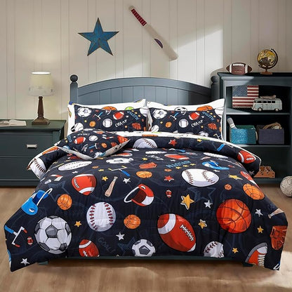 A Nice Night Boys Rugby Balls Comforter Set 6-Piece Bed-in-a-Bag with Sheet Set, Queen Size Polyester Bedding Collections for Kids, Durable & Easy Care, Sports Theme Design for Boys Bedroom