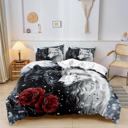 Kids Teens Bedding Cover Set Full Size 3 Pieces Soft Cozy Comforter Cover Set Vibrant Black and White Colors Wolf Print Red Rose Design Microfiber Duvet Cover Set,Full