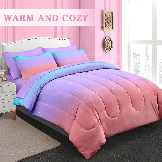 Comforter Set Twin Size, Colorful Rainbow Star Moon 5 Pcs Bedding for Kids and Adults, Purple Pink Blue Gradient Bed Sheet Sets with Fitted Sheet Pillowcase & Sham for Bedroom Bed Decor