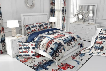 Vintage Steam Train Kids Comforter Set - Locomotive Print Retro Car King Bedding Sets - Cartoon Railway Vehicles Bed Set Colorful Steam Engine Train Duvet Insert Gifts For Kids Boys Home Decor