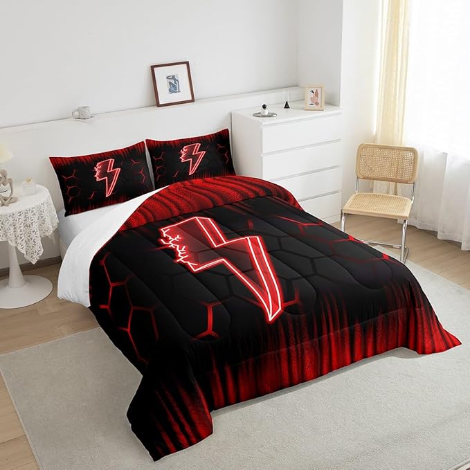 Feelyou Game Flash Bedding Set Queen Size Boys Girls Ombre Comforter Set for Kids Honeycomb Comforter Red Black Duvet Set Room Decor Quilt Set