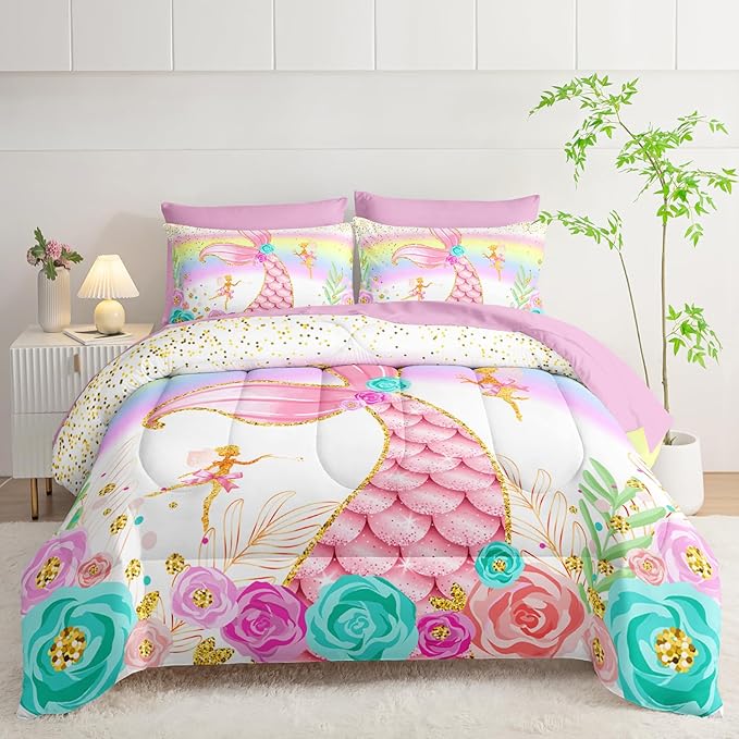 Mermaid Comforter Set Queen - 7 Piece Girls Bedding, Pink Teal Floral Bed Set, Soft Microfiber Comforter, Sheets, Pillowcases