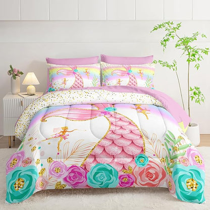 Mermaid Comforter Set Queen - 7 Piece Girls Bedding, Pink Teal Floral Bed Set, Soft Microfiber Comforter, Sheets, Pillowcases